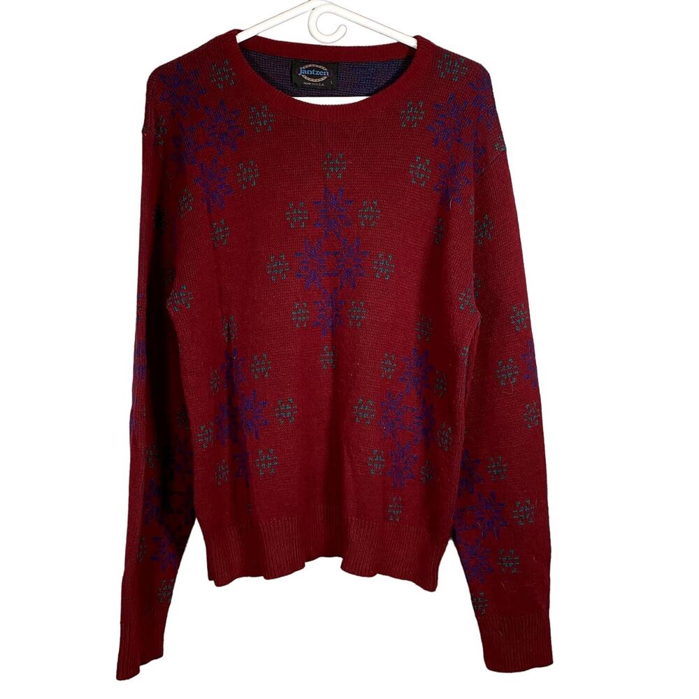 Vintage Mens Large Jantzen Red Sweater Made in USA Winter Snowflakes Crew neck